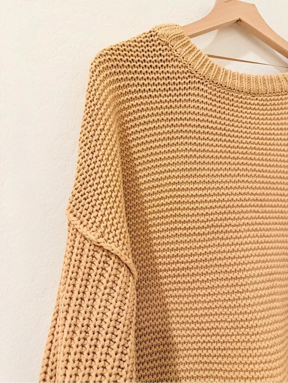 Free People Cable Knit Crewneck Sweater in Camel Tan